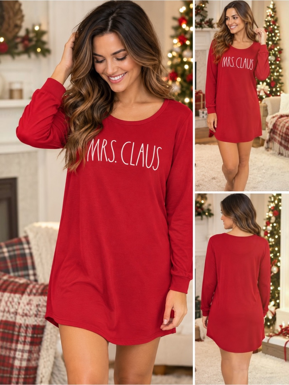 Rae Dunn Mrs Claus Sleep Shirt Womens L NWT Red Christmas Pajama Nightgown